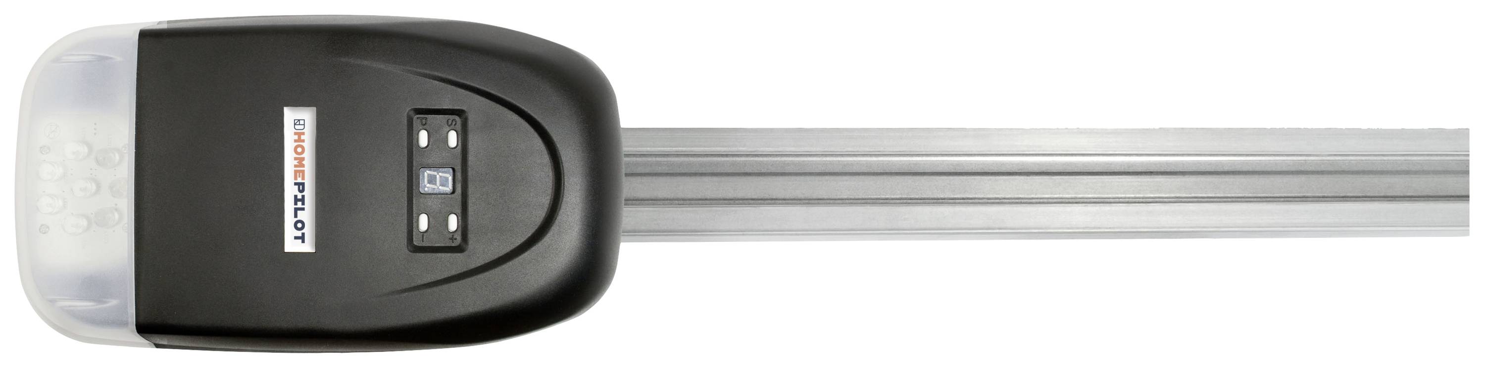 Elektryczny napęd bramy garażowej z czarną obudową i srebrną szyną, z cyfrowym wyświetlaczem i przyciskami kontrolnymi na górze.