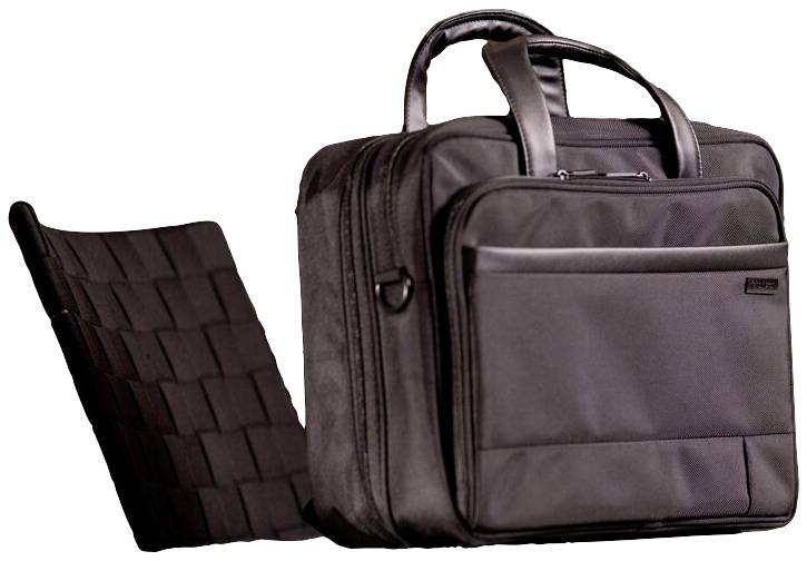 Czarna torba na laptopa z dwoma uchwytami i wieloma przegródkami, widoczna z boku z uniesioną klapą.