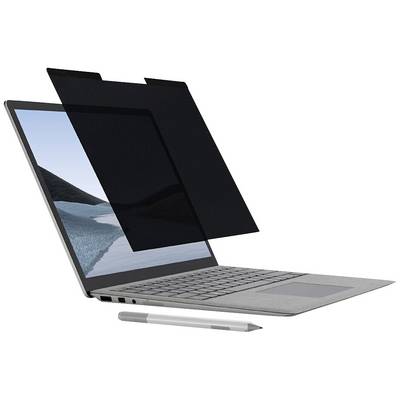 Laptop z folią ochronną na ekranie, zaciemniającą zawartość, obok leży srebrny długopis.