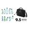 Osiem zmięcionych butelek plastikowych tworzy czarną torbę na ramię. Tekst: 9,5 wykonane z recyklingowych butelek PET.