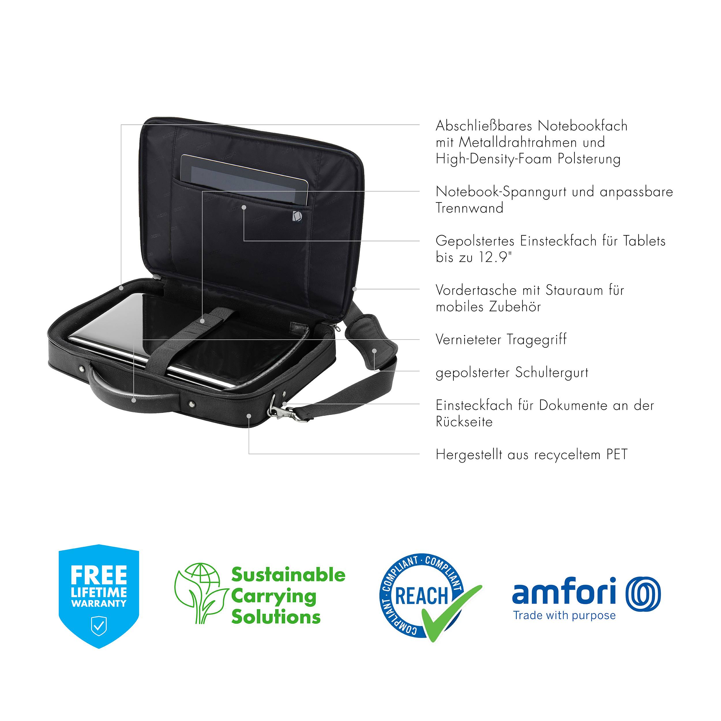 Czarna torba na notebook z wyściełaną komorą na tablety, przednie kieszeń z miejscem do przechowywania, regulowany pasek na ramię, wykonana z recyclingu PET.