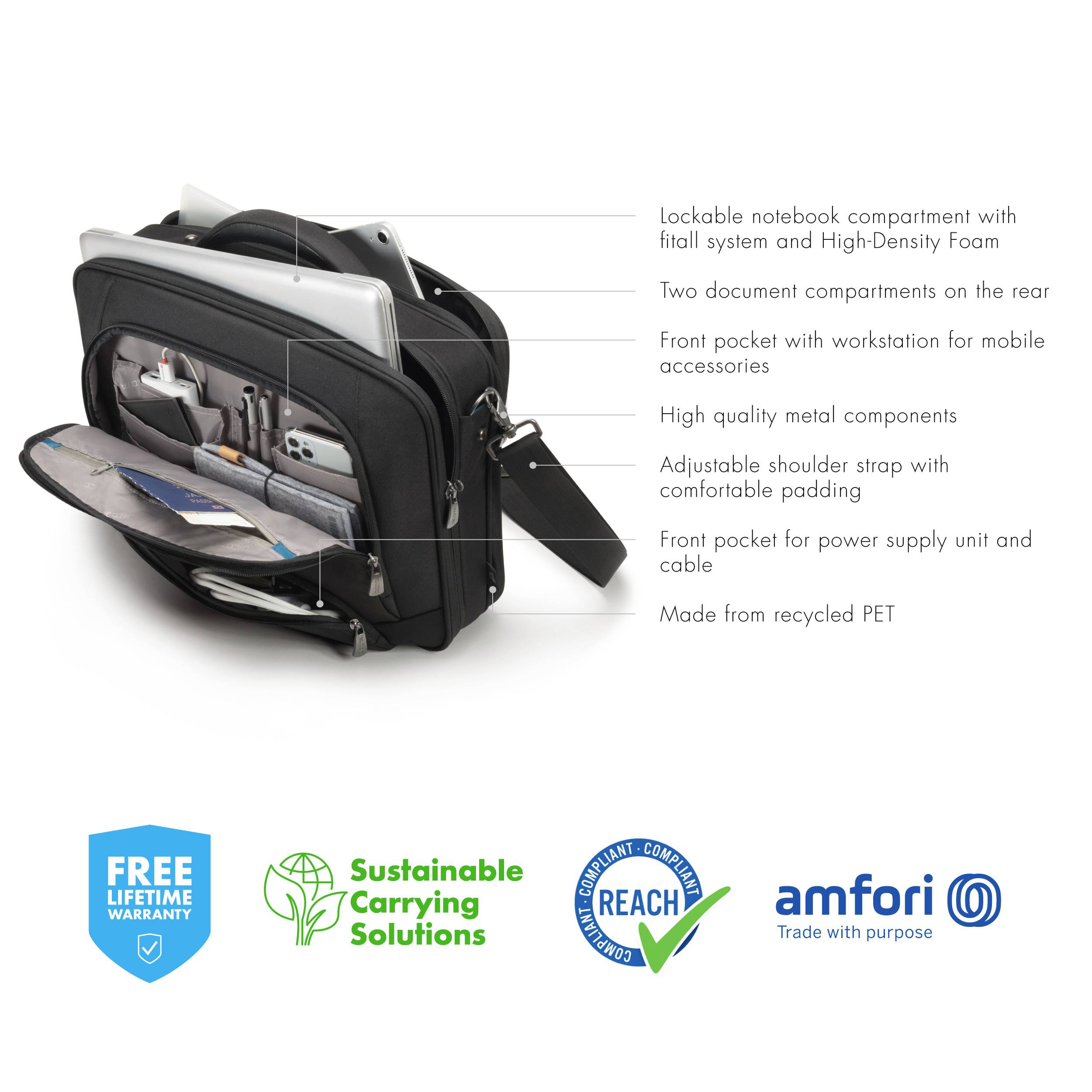 Czarna torba na laptop z przegródkami na dokumenty i akcesoria. Wykonana z recyklingowanego PET, oferująca dożywotnią gwarancję. Symbole poniżej.