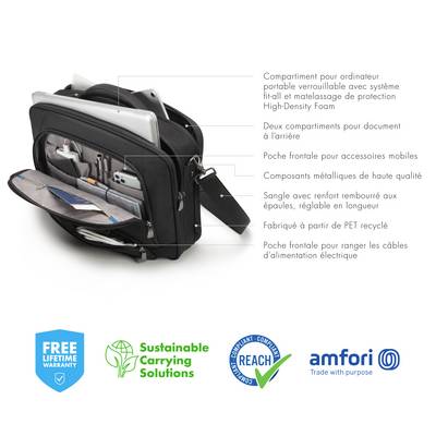 Czarna torba na laptopa z wieloma kieszenkami, miejscem na akcesoria, wyściełanym przedziałem na laptopa oraz wykonana z przyjaznych środowisku materiałów. Symbole poniżej wskazują na gwarancję i zrównoważony rozwój.