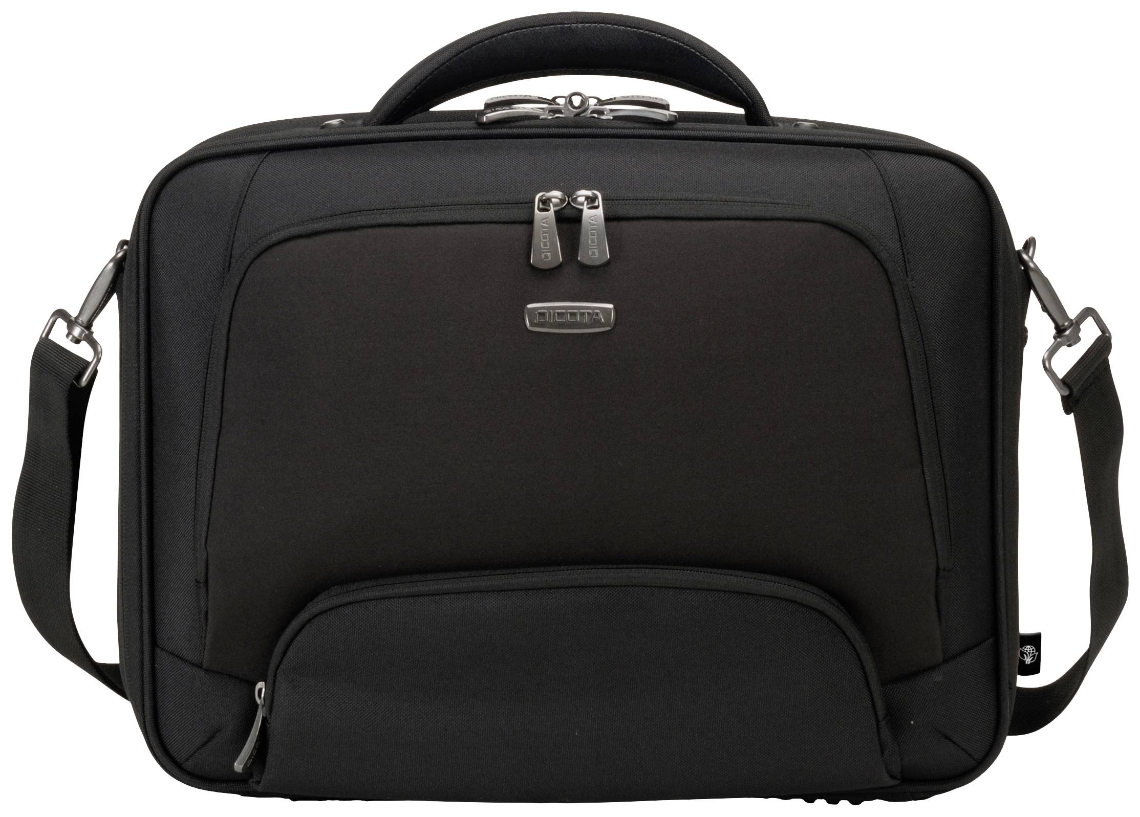 Czarna torba na laptopa z uchwytem do ręki i paskiem na ramię. Posiada główną kieszeń zamykaną na zamek błyskawiczny oraz dwie mniejsze kieszenie z przodu.