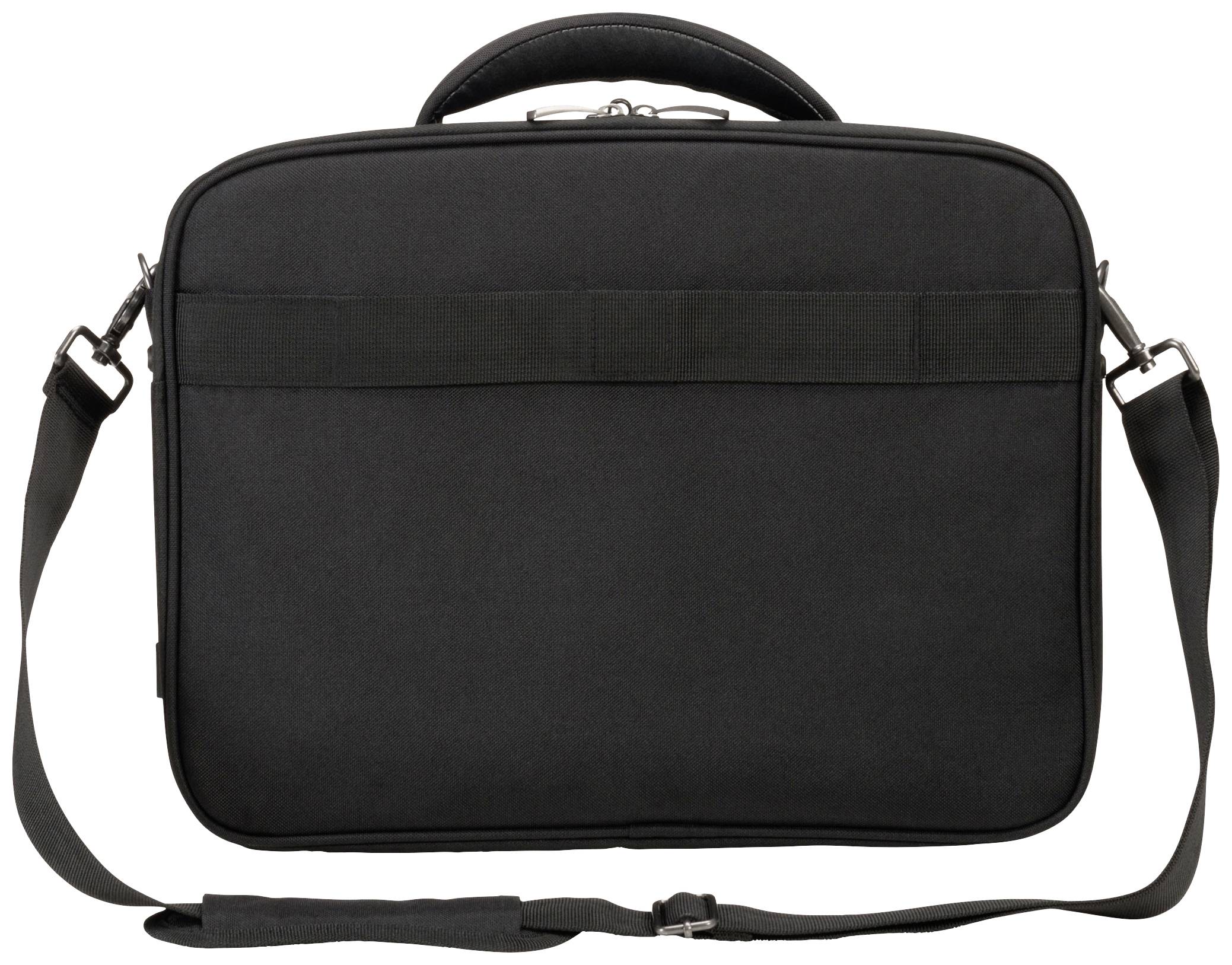 Czarna torba na laptopa z paskiem na ramię i uchwytem, zamknięta i prezentowana na białym tle.