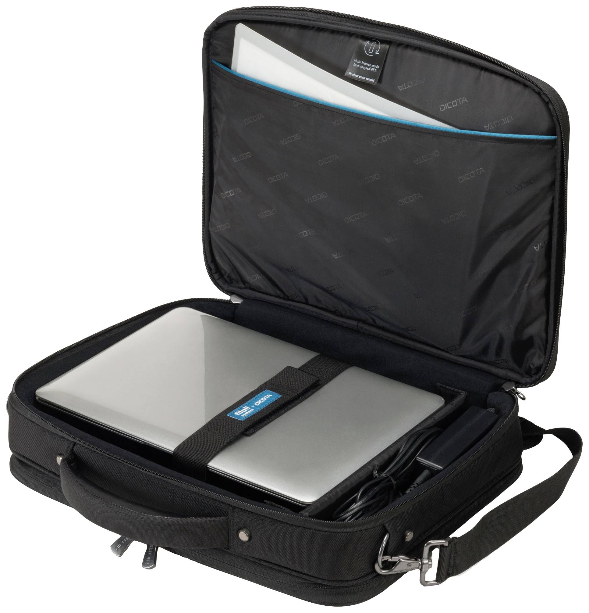 Otwarta czarna torba na laptopa prezentuje laptopa, przegrodę na notatki oraz ładowarkę. Torba posiada uchwyt do przenoszenia.