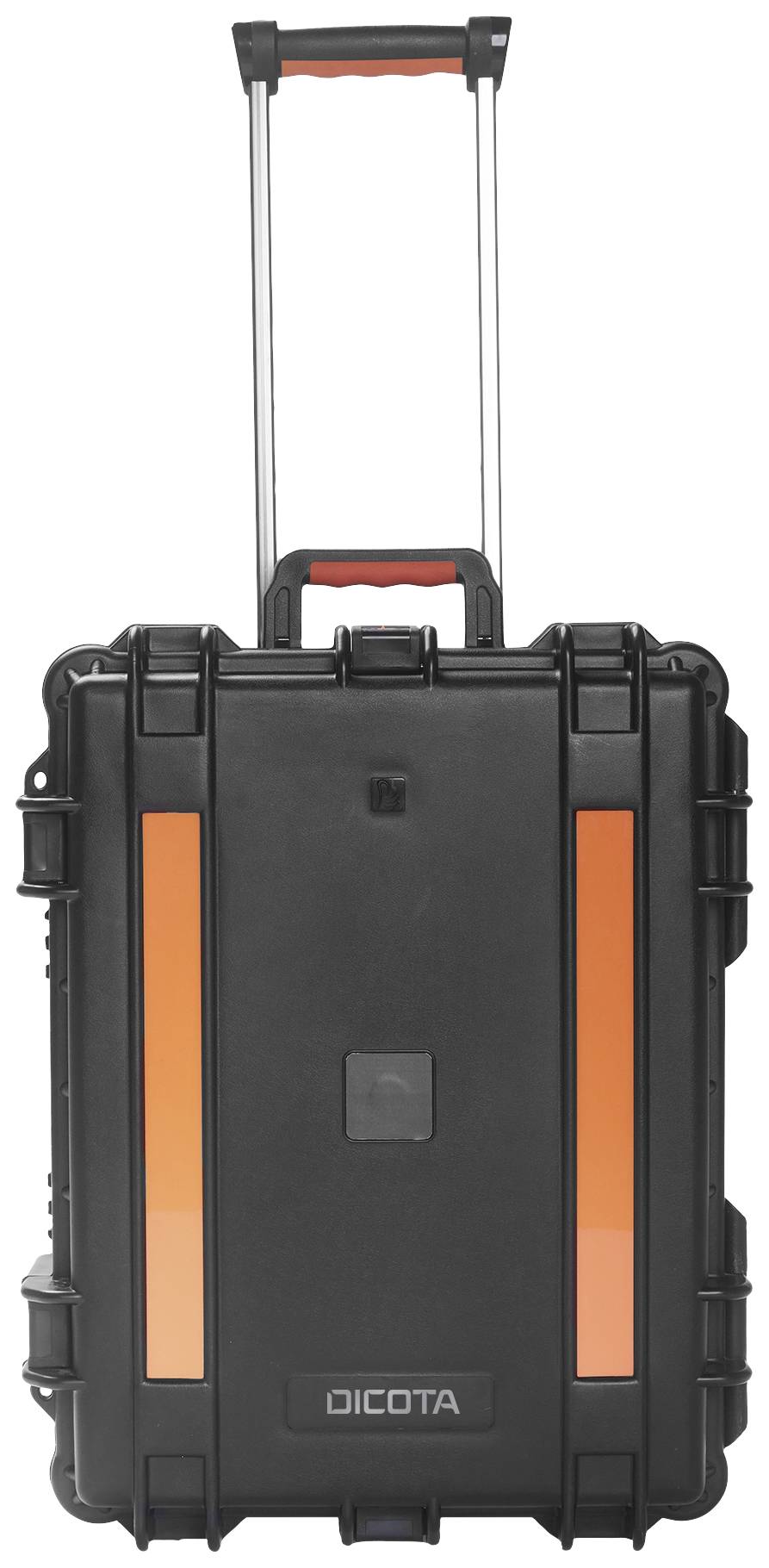 Czarny, wytrzymały walizka na kółkach z pomarańczowymi paskami i wysuwaną rączką, idealna do bezpiecznego transportu delikatnego sprzętu.