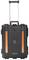 Czarny, wytrzymały walizka na kółkach z pomarańczowymi paskami i wysuwaną rączką, idealna do bezpiecznego transportu delikatnego sprzętu.