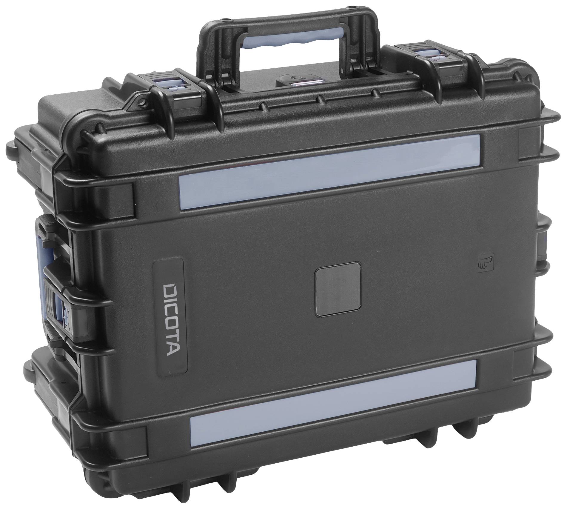 Czarny, wytrzymały kufer transportowy z uchwytem i zamknięciami, idealny do ochrony i przewozu delikatnych urządzeń. Marka 'DICOTA'.