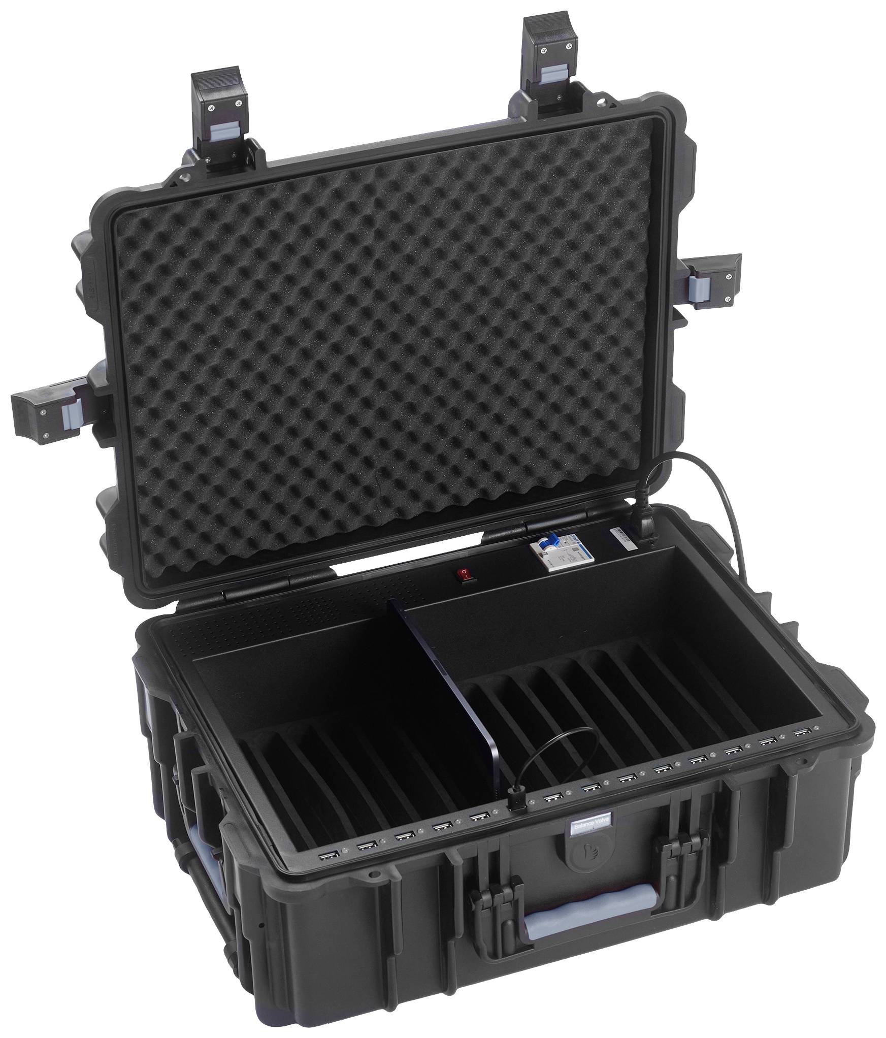 Czarny, otwarty pojemnik transportowy z przegródkami, odpowiedni do bezpiecznego przewozu delikatnych urządzeń elektronicznych lub sprzętu.