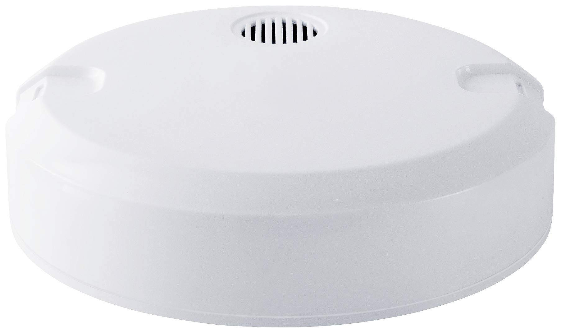 Biały czujnik dymu z centralnym otworem wentylacyjnym, przeznaczony do wykrywania dymu i zwiększania bezpieczeństwa przeciwpożarowego.