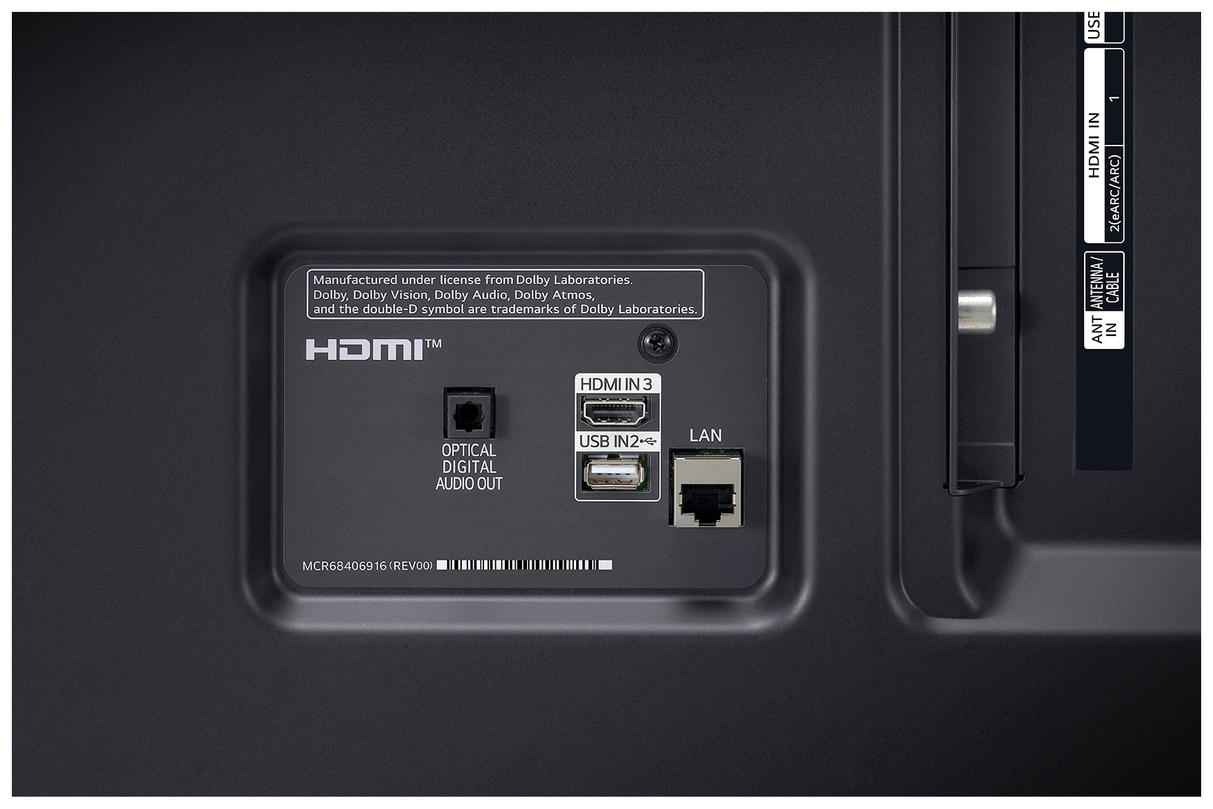 Tylna strona urządzenia z gniazdami: HDMI, optyczne wyjście audio, USB IN, LAN. Informacja o licencji firmy Dolby Laboratories.