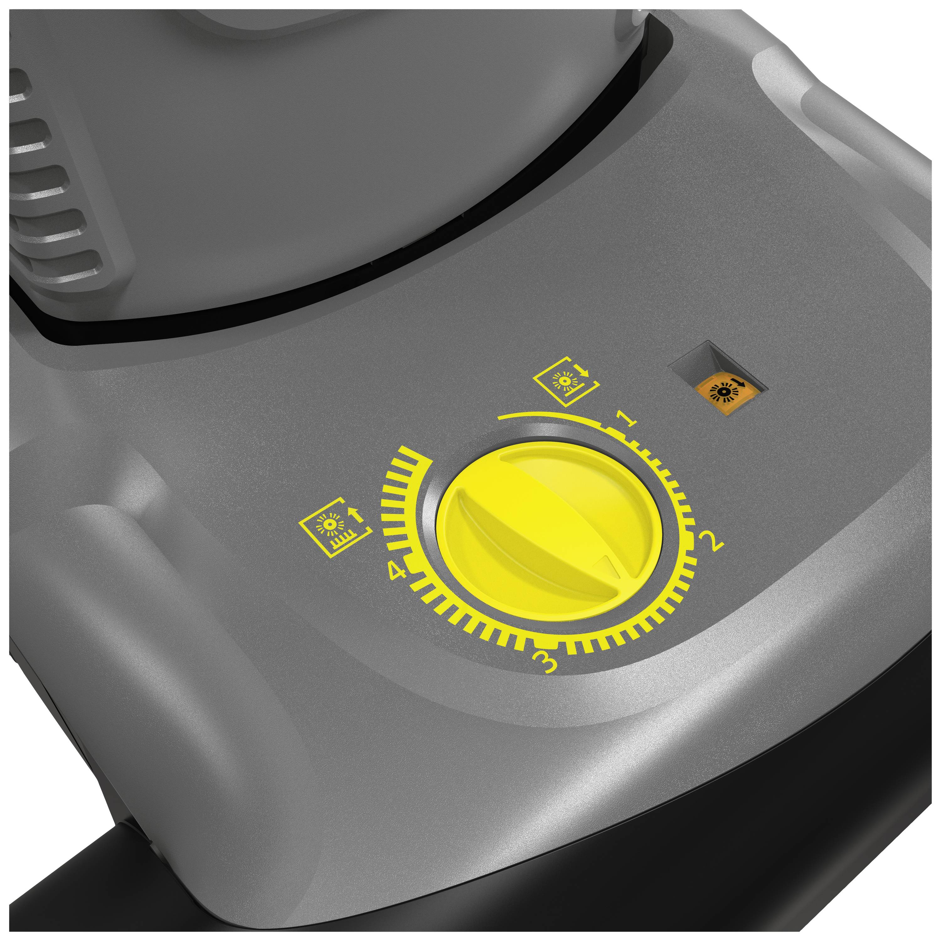 Zbliżenie urządzenia z żółtym pokrętłem, które posiada skalę od 1 do 3. Symbole nad pokrętłem wskazują różne funkcje.