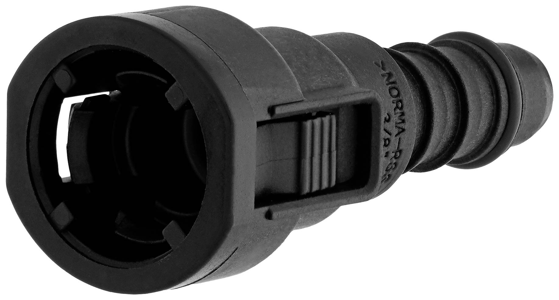 Czarny wtyk z tworzywa sztucznego z karbowaną końcówką i zatrzaskiem, odpowiedni do połączeń rurowych w zastosowaniach technicznych.