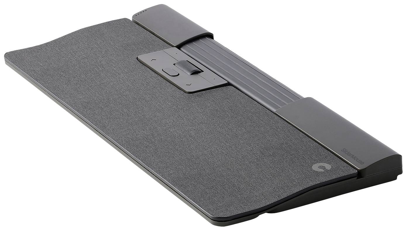 Ergonomiczna podkładka pod mysz w kolorach czarnym i szarym z powierzchnią tekstylną. W środku znajduje się przesuwne kółko przewijania.