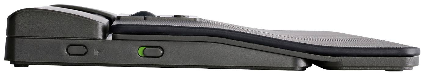 Widok z boku czarnego pedału z zieloną diodą sygnalizacyjną i dwoma przyciskami u podstawy.