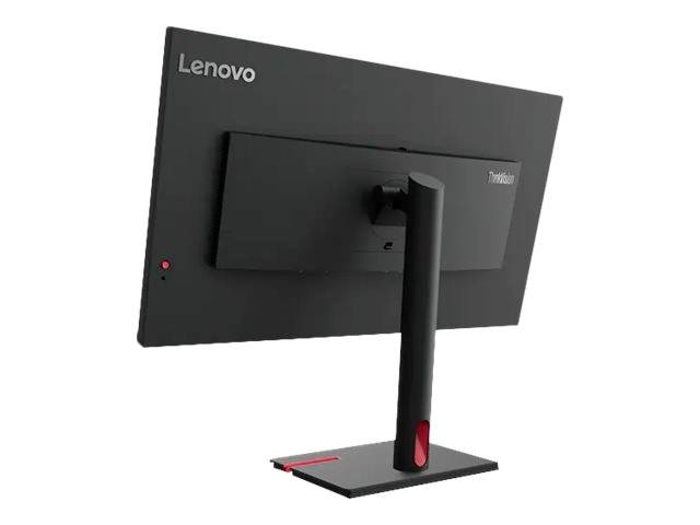 Widok z tyłu monitora Lenovo z czarną podstawą, czerwonym akcentem na podstawie i obrotowym mechanizmem mocowania.