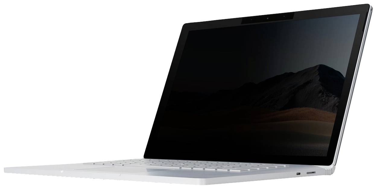 Biały, częściowo otwarty laptop z czarnym ekranem, ustawiony pod lekkim kątem.