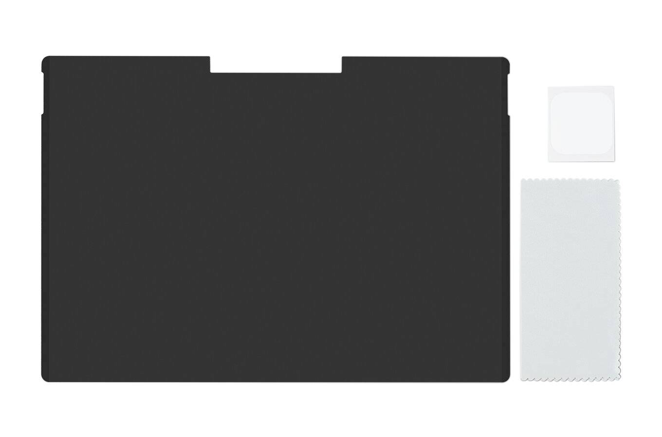 Czarna obudowa urządzenia, kwadratowa biała wkładka oraz białą szmatkę czyszczącą, na białym tle.