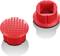 Dwie czerwone nasadki na joystick lub element sterujący, jedna z rowkowaną, a druga z gładką, kwadratową górną powierzchnią.