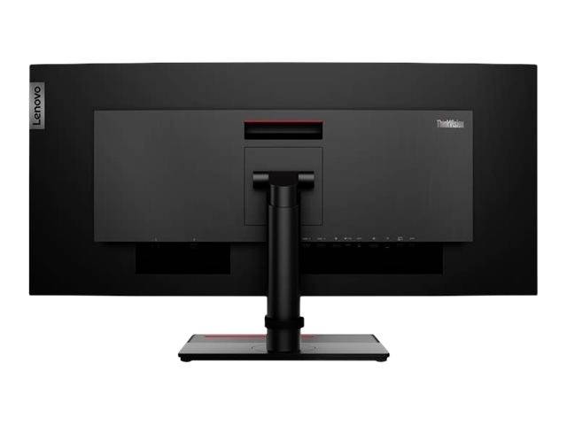 Widok tylny ekranu komputera Lenovo w czarnej obudowie. Ekran stoi na prostokątnej podstawie.