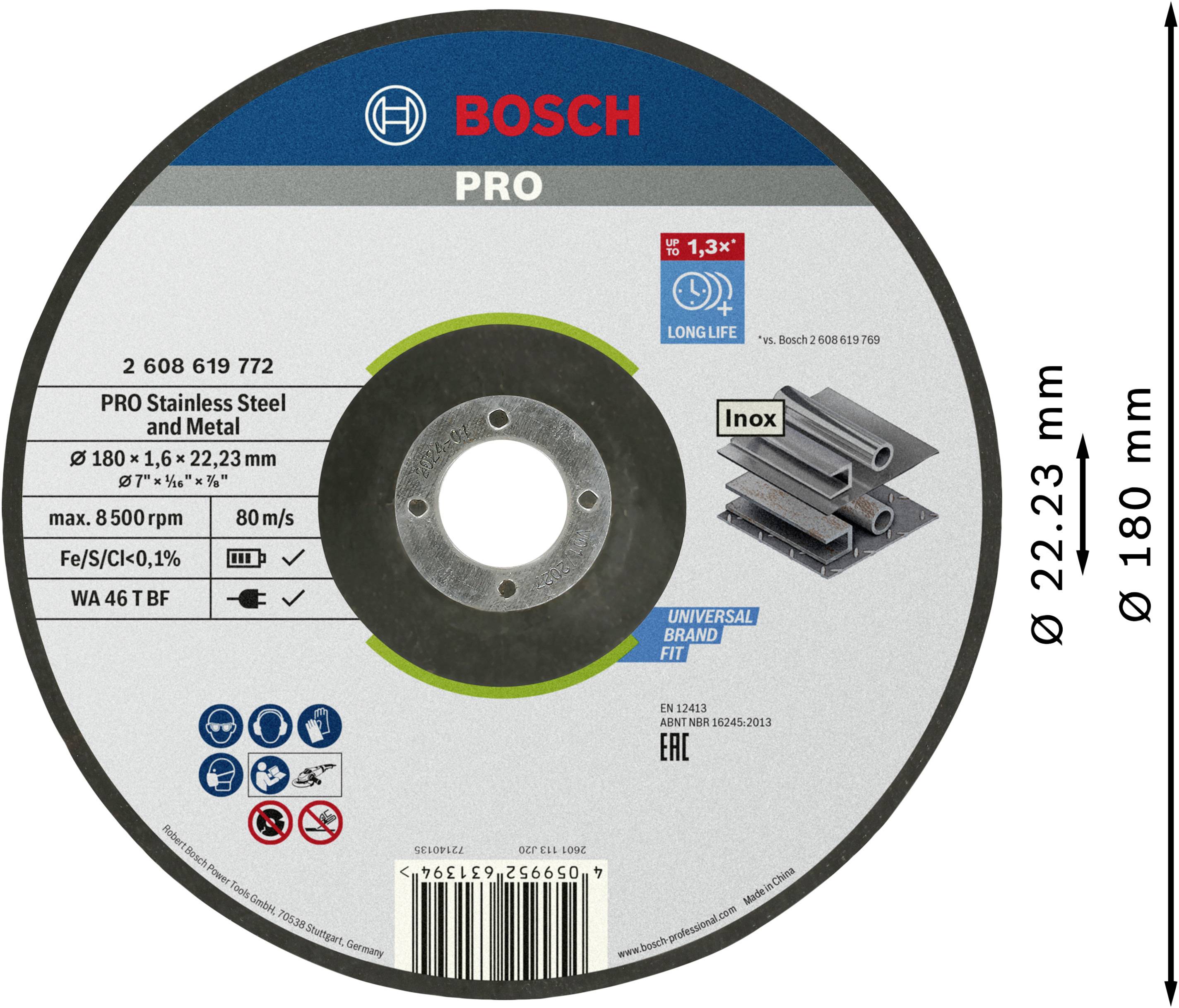 Tarcza szlifierska firmy Bosch, model do stali nierdzewnej i metalu, średnica 180 mm, otwór 22,23 mm. Prędkość maks. 8500 obr/min, oznaczenie: grubość 1,3 mm.