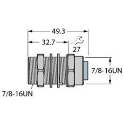 Rysunek techniczny cylindrycznego elementu łączącego z gwintem. Wymiary: długość 49,3 mm, rozstaw 32,7 mm, gwint: 7/8-16UN.