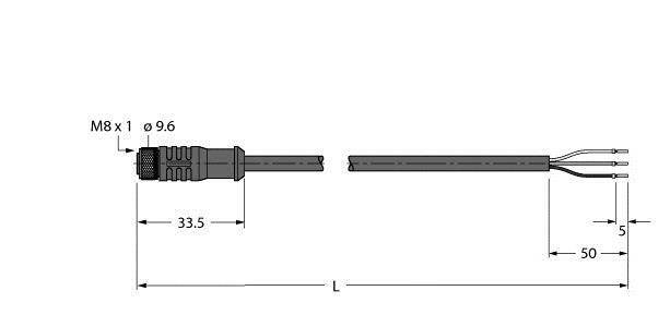 Diagram złącza M8 z wymiarami: średnica gwintu 9,6 mm, całkowita długość 33,5 mm, całkowita długość przewodu (L), specyficzna długość przewodu 50 mm.