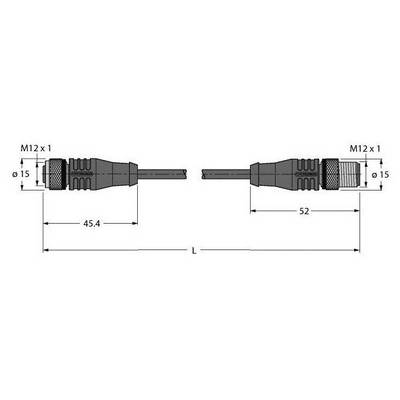 Rysunek techniczny złącza M12 z wymiarami: długość 45,4 mm, średnica 15 mm. Całkowita długość 'L', druga strona 52 mm.