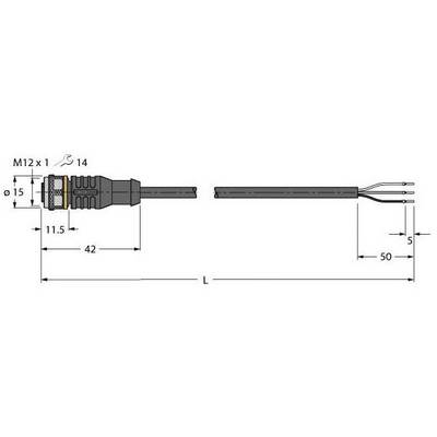 Rysunek techniczny złącza M12 z wymiarami: średnica 15 mm, długość 42 mm bez kabla, 92 mm z kablem.