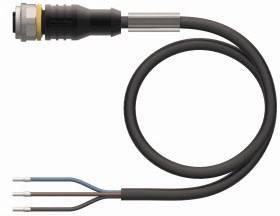 Czarny kabel przyłączeniowy z wtyczką po lewej stronie i trzema odkrytymi końcówkami przewodów po stronie prawej.