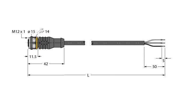 Rysunek techniczny złącza M12 z oznaczeniami wymiarów: średnica 15 mm, długość obudowy 42 mm, odległość między kablami 50 mm.
