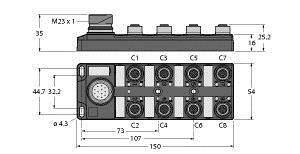 Rysunek techniczny skrzynki przyłączeniowej elektrycznej z ośmioma gniazdami przyłączeniowymi, wymiary w milimetrach dla obszarów C1 do C8.