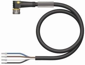 Czarny, zakrzywiony kabel z czterema kolorowymi przewodami na końcu, odpowiedni do podłączeń elektrycznych.