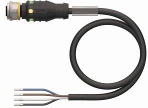 Czarny kabel elektryczny z wtyczką po jednej stronie i czterema kolorowymi żyłami (niebieski, brązowy, czarny, biały) po drugiej stronie.