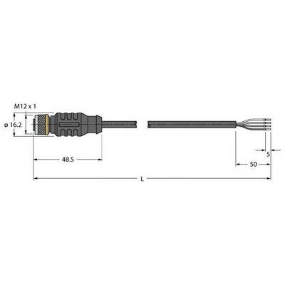 Rysunek techniczny złącza M12 z wymiarami: średnica 16,2 mm, długość 48,5 mm, długość przewodu 50 mm, całkowita długość L.