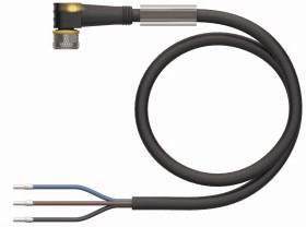 Czarny przewód elektryczny z wtyczką po jednej stronie oraz trzema kolorowymi żyłami (niebieską, brązową, białą) po stronie przeciwnej.