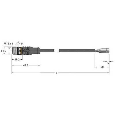 Rysunek techniczny złącza M12 z wymiarami: długość 49,5 mm, średnica 15 mm, całkowita długość L, długość przewodu 50 mm.