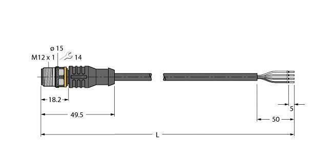 Diagram złącza z gwintem M12 x 1, średnicy 15 mm, całkowitej szerokości 49,5 mm, przewodem o długości 100 mm i szczegółowo przedstawionymi zakończeniami przewodu.