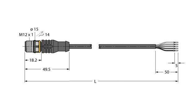 Rysunek techniczny złącza M12 o wymiarach: 49,5 mm długości, 18,2 mm średnicy. Oznaczony 'Ø 15', 'M12 x 1', przewód z żyłami.