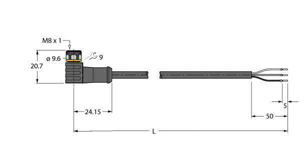 Rysunek techniczny czujnika M8 z wymiarami metrycznymi: wysokość 20,7 mm, długość 24,15 mm, kabel 50 mm, gwint M8 x 1.