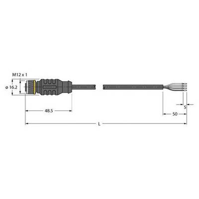 Pokazuje rysunek techniczny złącza M12 z przewodem. Wymiary: długość złącza 48,5 mm, przewód 50 mm, średnica 16,2 mm.