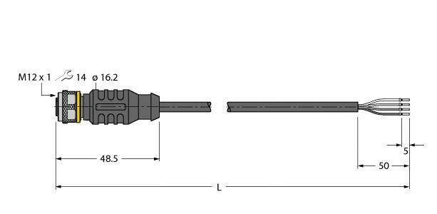 Wtyk z kablem, M12 x 1, średnica 16,2 mm, długość 48,5 mm, całkowita długość L, odległość kabla 5 mm.