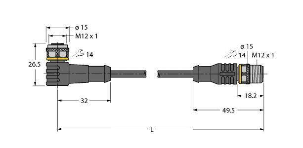 Rysunek techniczny złączy M12 x 1. Przedstawia wymiary, średnice 15 mm i 14 mm oraz długości.