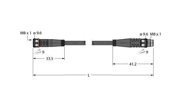 Diagram złącza elektrycznego z gwintem M8 x 1. Po lewej stronie 33,5 mm, po prawej stronie 41,2 mm, całkowita długość 'L', średnica 9,6 mm.