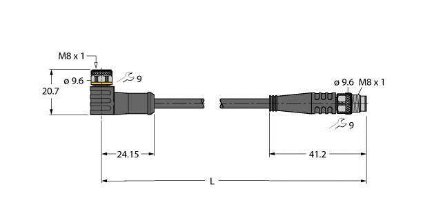Rysunek techniczny złącza M8 z wymiarami: 20,7 mm wysokości, 24,15 mm długości po lewej stronie, 41,2 mm długości po prawej stronie.
