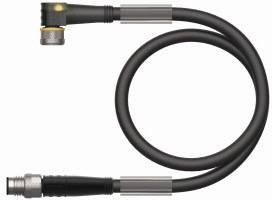 Czarny, spiralny kabel z metalowymi złączami na obu końcach, odpowiedni do zastosowań przemysłowych lub technicznych.