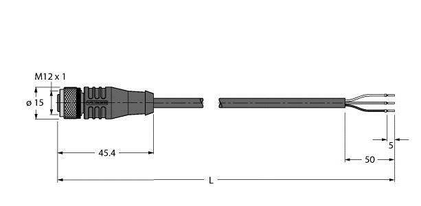 Rysunek techniczny złącza M12 z wymiarami: długość 45,4 mm, średnica 15 mm, kabel 50 mm, całkowita długość połączenia L.