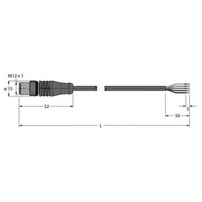 Złącze M12: Długość wtyczki 52 mm, przewodu 50 mm. Średnica 15 mm. Cztery otwarte końcówki przewodu, oznaczone numerami od 1 do 4.