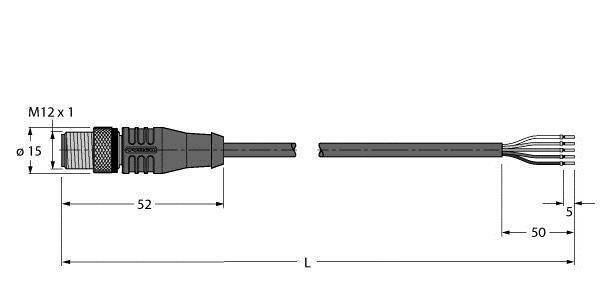 Rysunek techniczny złącza M12 z przewodem. Wymiary: długość całkowita L, przewód 50 mm, wtyk 52 mm, średnica 15 mm.